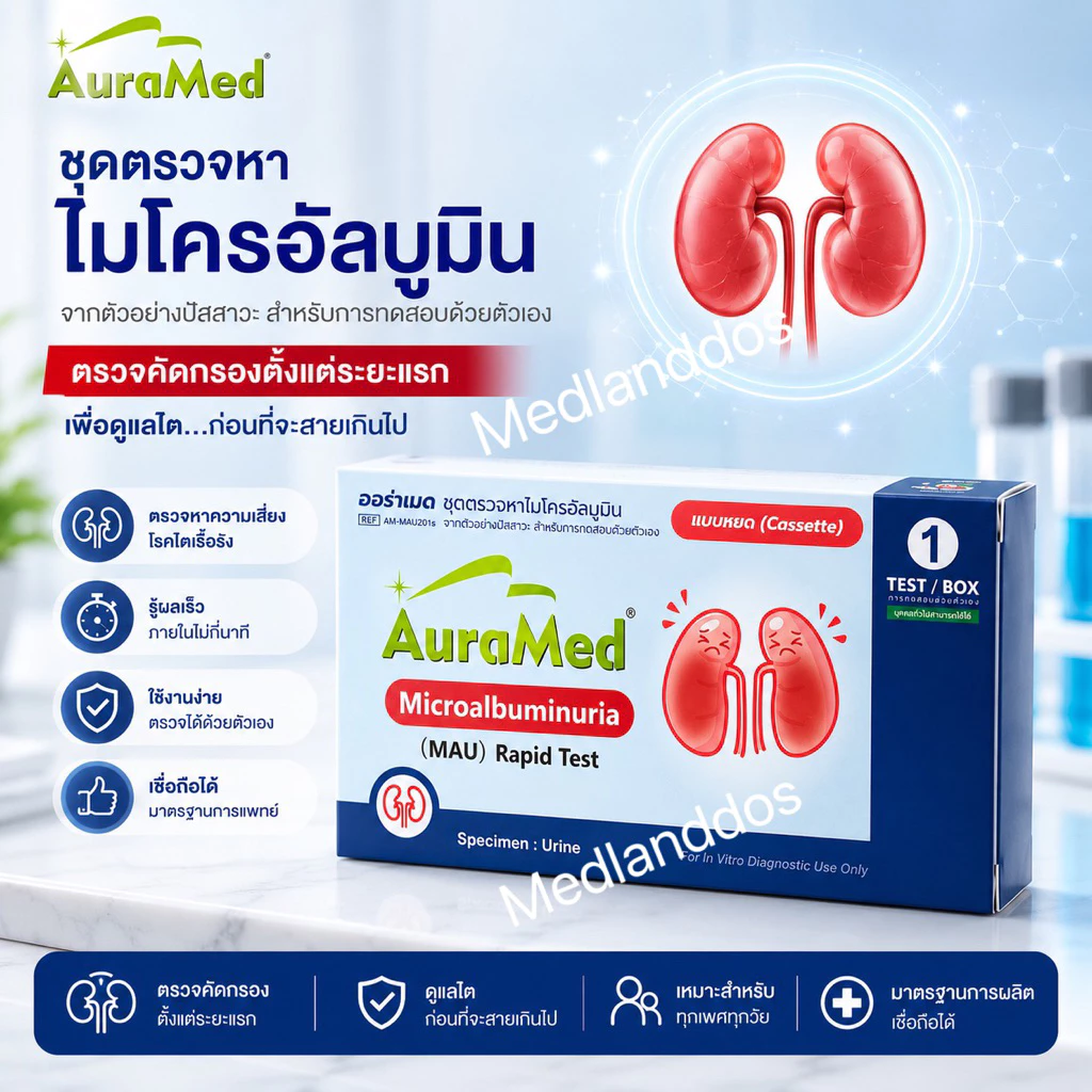 Auramed ชุดตรวจคัดกรองโรคไตและเบาหวานขึ้นไต ตรวจหาไมโครอัลบูมินในปัสสาวะ (Microalbuminuria Test) atk