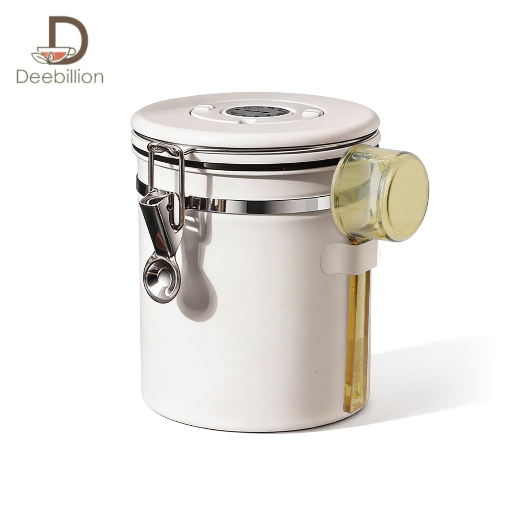 กระป๋องเก็บเมล็ดกาแฟ กระปุกสแตนเลสเกรดพรีเมียม Coffee storage container มีช้อนตวง ตั้งวันที่บนฝาได้ Deebillion