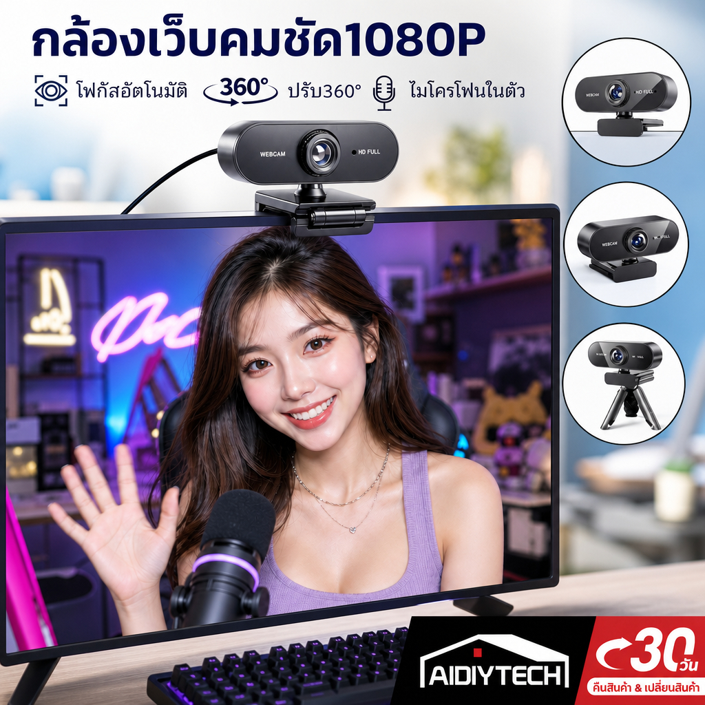 กล้องเว็บแคม 1080P HD กล้องไลฟ์สด เว็บแคมมีไมค์ในตัว ไม่ต้องลงไดรเวอร์ สำหรับประชุม/เรียนออนไลน์ [ส่งด่วนจากไทย]