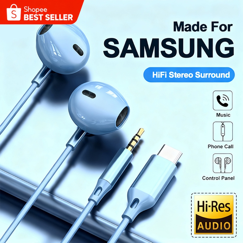 สำหรับหูฟัง Samsung HiFi Surround Sound In-ear Type C 3.5 มม. พร้อมการควบคุมสายฟังสายสำหรับ Galaxy S24 S23 earphones
