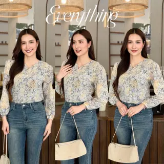 Everything2019 - เสื้อคอวีแต่งกระดุมปั๊ม แขนบอลลูนยาว ลายสวย สีชัด มีหลายไซส์ พร้อมส่ง (6288)