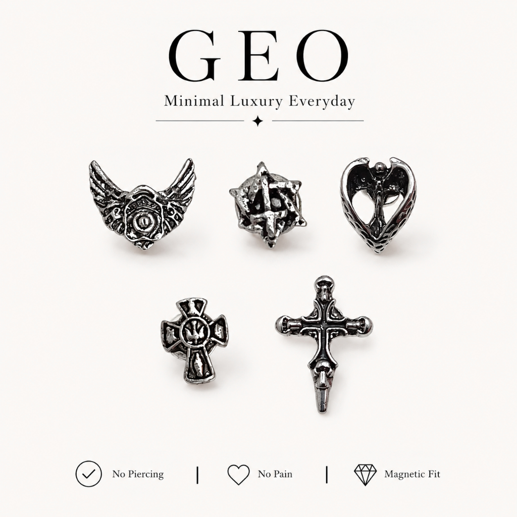 GEO ต่างหูแม่เหล็ก CATHEDRAL COLLECTION | ไม่ต้องเจาะหู | Gothic Cross Heart Wing | Magnetic Earrings
