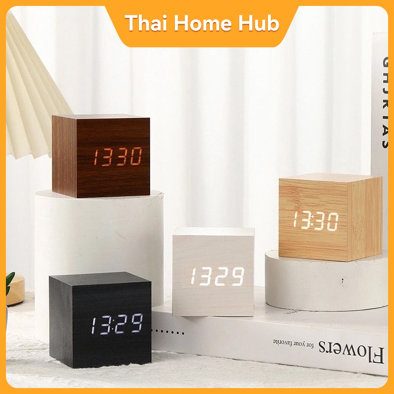 นาฬิกาดิจิตอล มินิมอล ไม้แท้ สมาร์ทควบคุมด้วยเสียง ตั้งโต๊ะ USB ชาร์จได้