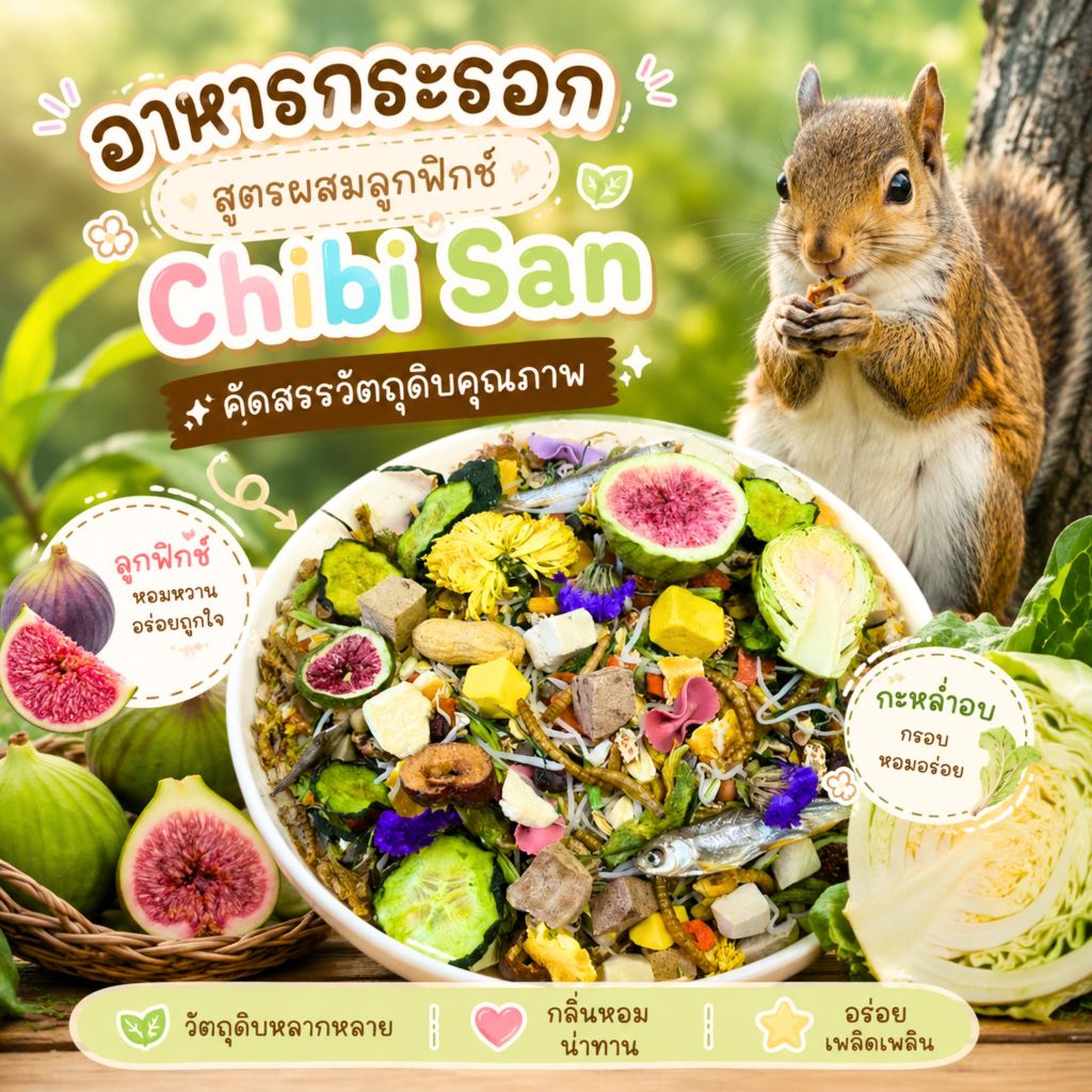 อาหารกระรอก Chibi San  สูตรเสริมโปรตีนและลูกฟิกซ์ อาหารกระรอกรวมวัตถุดิบหลากหลาย 50กรัม