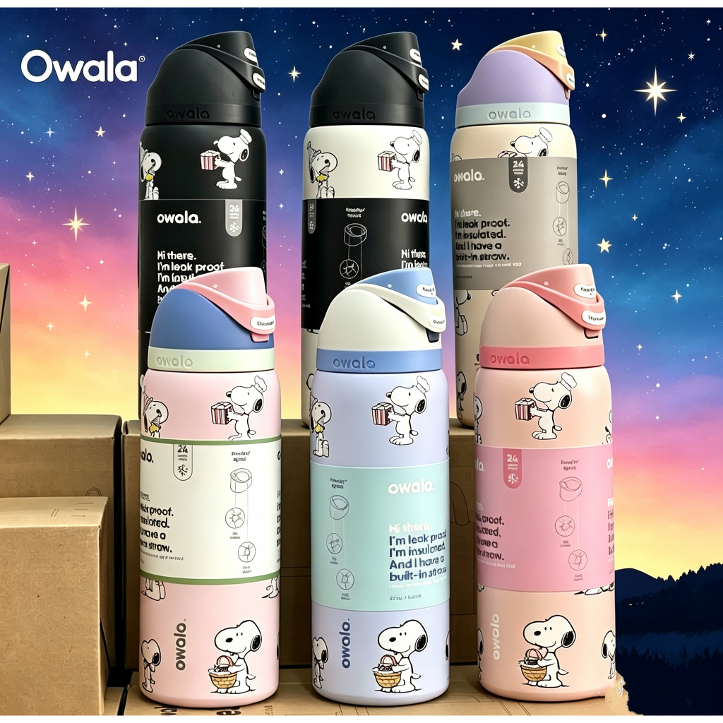 （มีหลายสีให้เลือก）Owala freesip Minecraft 16OZ/24oz/32oz ขวดน้ำเก็บความเย็น แถมซองคลุมแก้วและหลอดดื่มฟ