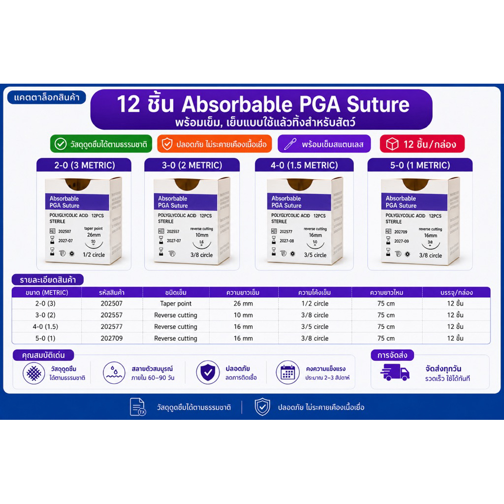 12 ชิ้น Absorbable PGA Suture พร้อมเข็ม, เย็บแบบใช้แล้วทิ้งสําหรับสัตว์