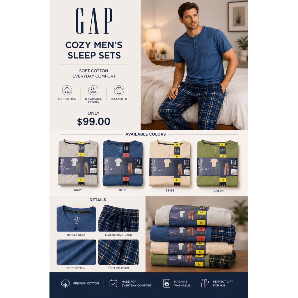 GAP Pajamas ชุดนอนผู้ชาย ผ้านุ่มมาก เสื้อยืดได้เยอะ กางเกงเอวยืด ทรงกระบอก งานแท้