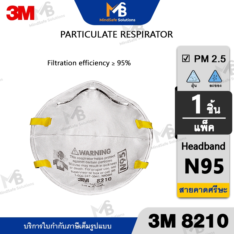 3M 8210 แบบสายรัดศรีษะ หน้ากากกรองอนุภาค ป้องกันฝุ่น ละออง N95 แบบถ้วย