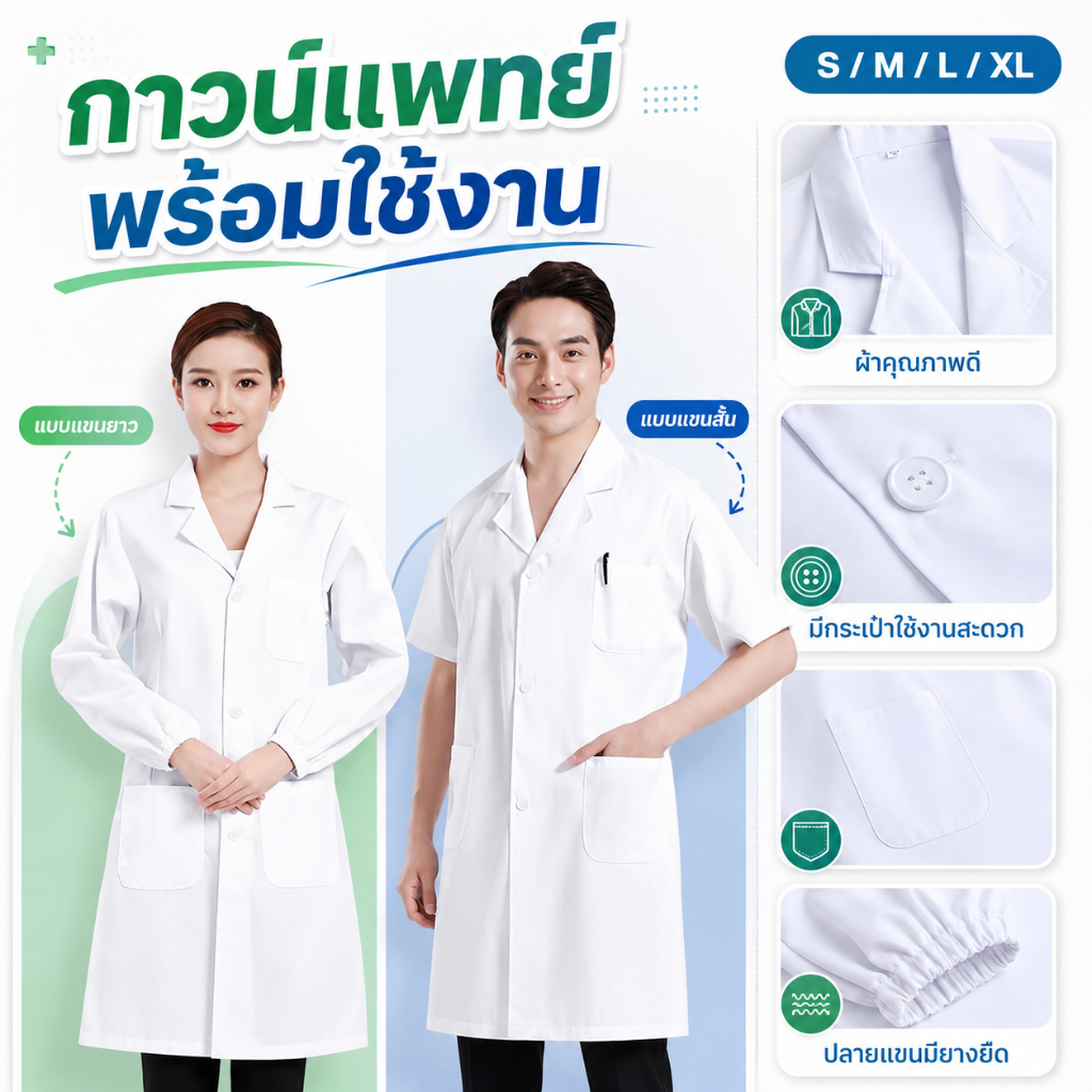 สินค้าพร้อมส่งจากไทย เสื้อกราวน์แพทย์ ชุดพยาบาล มีทั้งแขนยาวและแขนสั้น ทรงหลวม เนื้อผ้าคุณภาพสูง ใช้ โรงพยาบาล โรงเรียนท