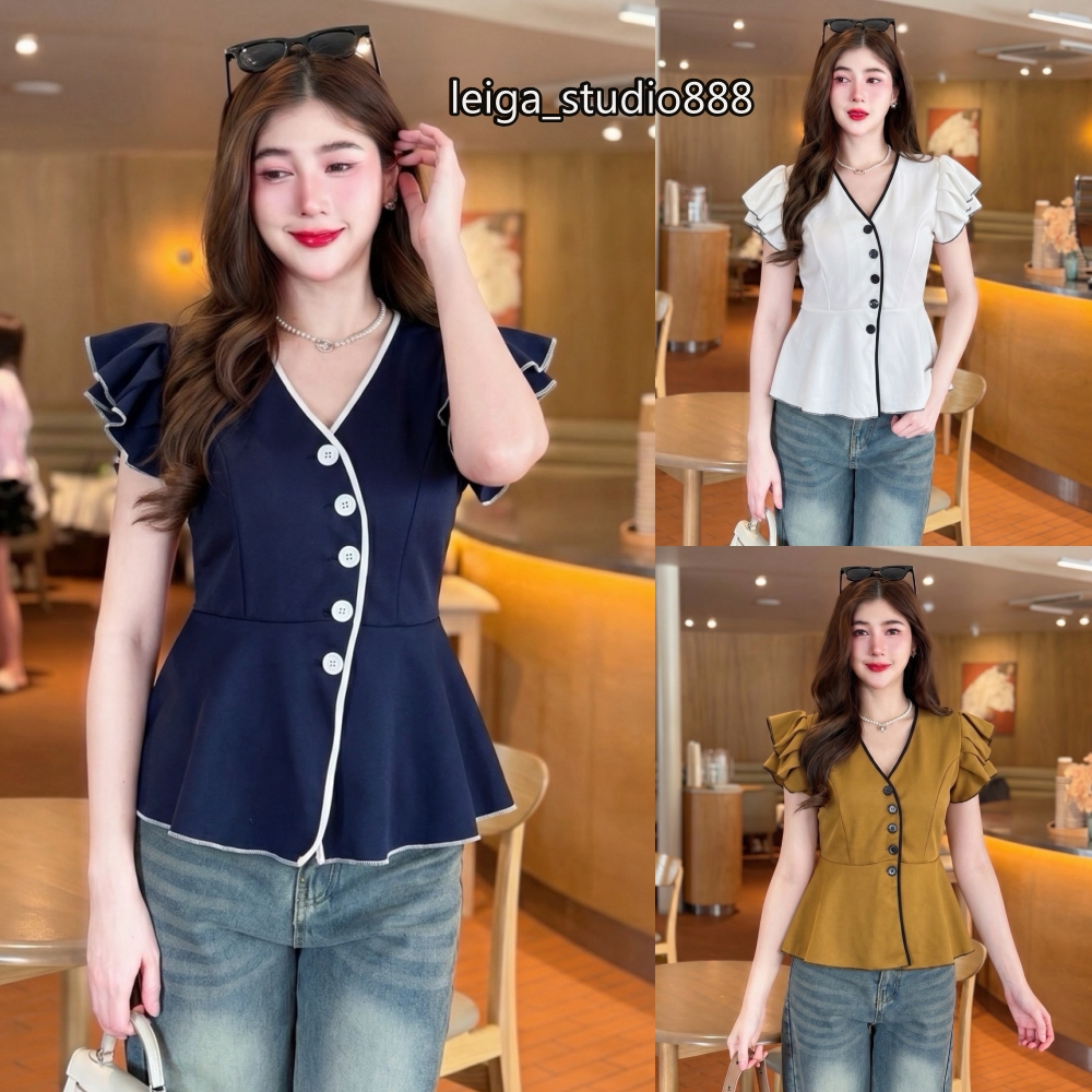 เสื้อแฟชั่น ผ้าวูลเวฟ แขนแต่งจีบระบาย คอวีแต่งกุ้น กระดุมหน้า สม็อคหลัง ผ้าใส่สบาย ใส่แมท สายคาเฟ่ น่ารัก ใส่เที่ยวLG294
