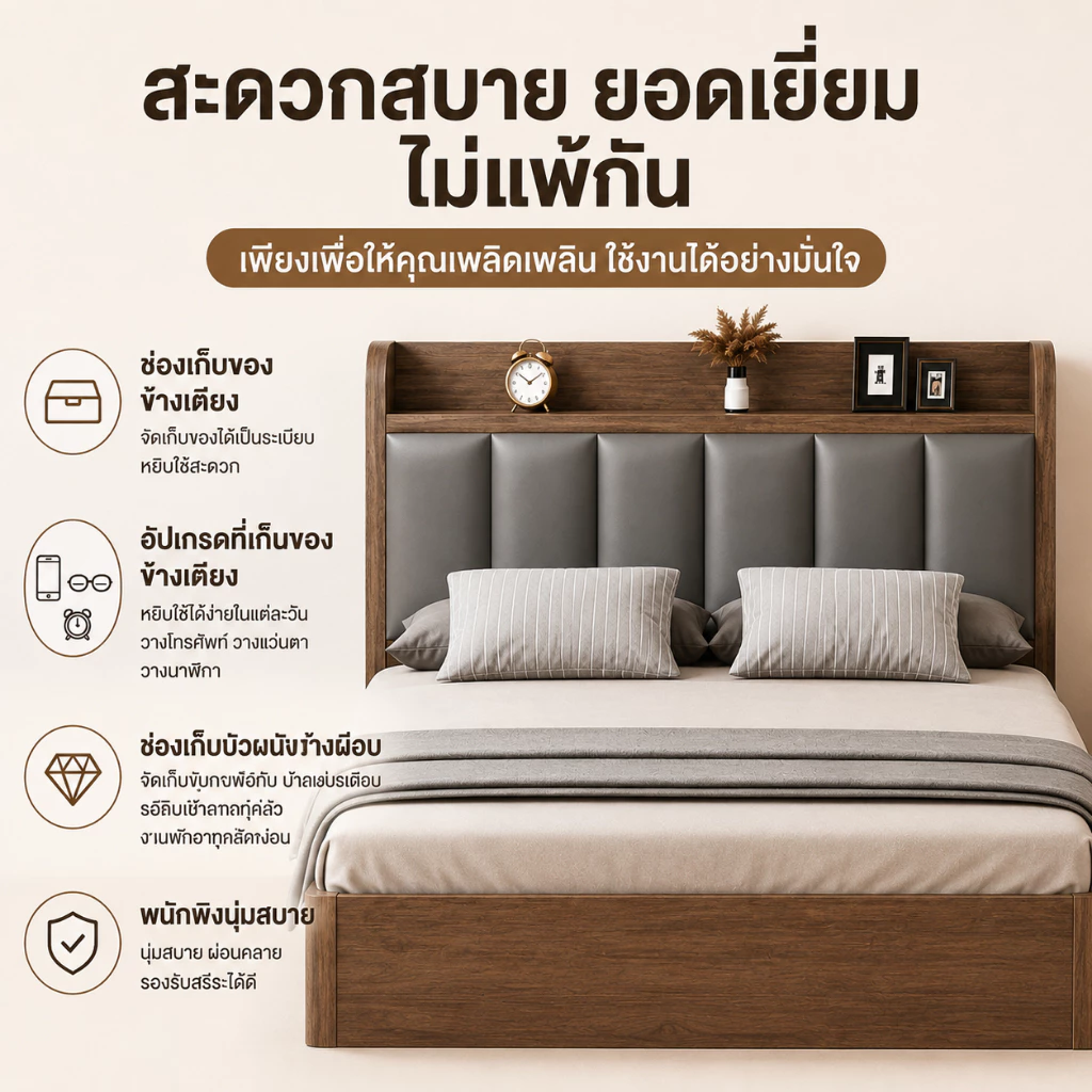 WHF เตียงไม้ ดีไซน์นอร์ดิกมินิมอล ขนาด 4ฟุต/5ฟุต/6ฟุต thumbnail 6
