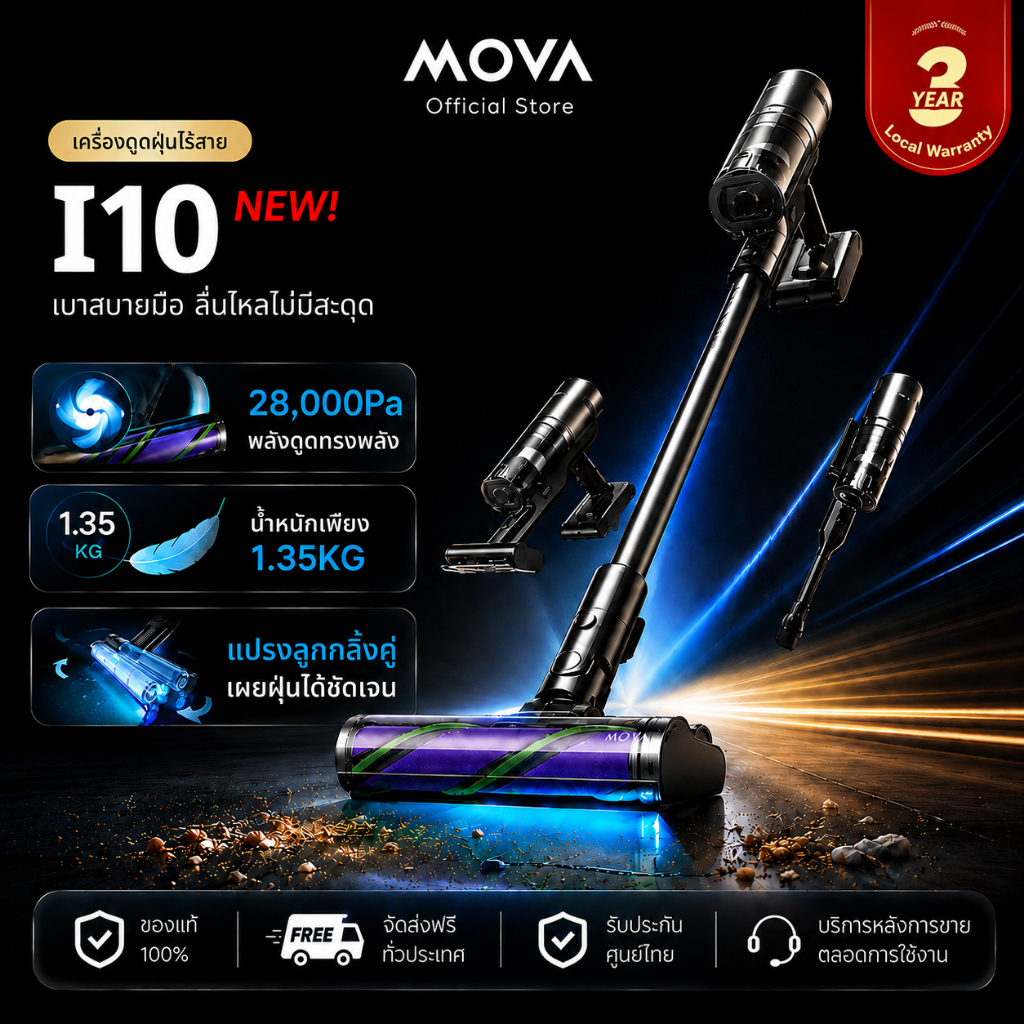 NEW MOVA I10 Cordless Stick Vacuum เครื่องดูดฝุ่นไร้สาย 28kPa ไฟสีน้ำเงินตรวจจับฝุ่น นอนราบ180° กันขนพัน ใช้งาน120นาที