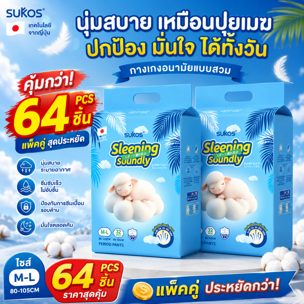 Sukos 64 ชิ้น/ห่อ ผ้าอนามัย/แผ่นอนามัย ดีไซน์ใหม่ ป้องกันการรั่วซึมด้านข้าง 360 องศา ซึมซับดีเยี่ยมตลอดคืน บาง ระบายอาก