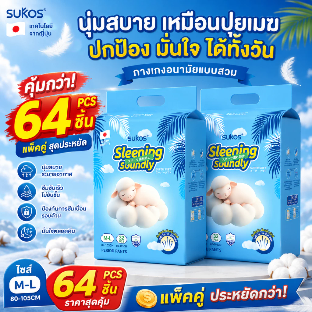 Sukos 64 ชิ้น/ห่อ ผ้าอนามัย/แผ่นอนามัย ดีไซน์ใหม่ ป้องกันการรั่วซึมด้านข้าง 360 องศา ซึมซับดีเยี่ยมตลอดคืน บาง ระบายอาก