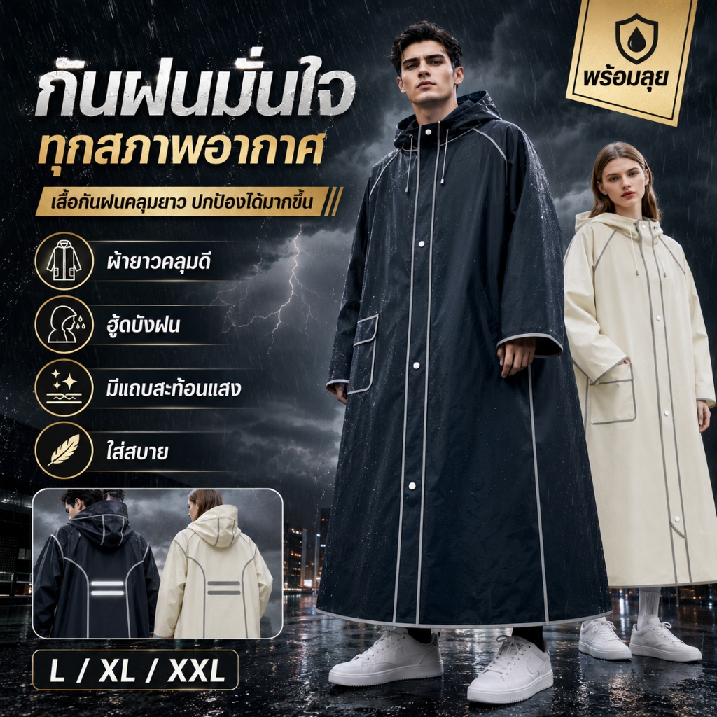 เสื้อกันฝน ผู้ใหญ่ กันน้ำไม่รั่วซึม 100% เสื้อกันฝนยาว ผู้ใหญ่ หนาทนทาน พกพาง่าย สะท้อนแสง