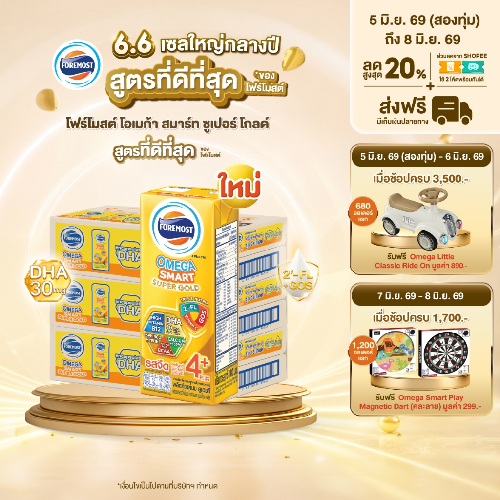 [ขายยกลังx3] โฟร์โมสต์ โอเมก้า สมาร์ท ซูเปอร์ โกลด์ 4+นมยูเอชที รสจืด 180 มล. แพ็ค 27