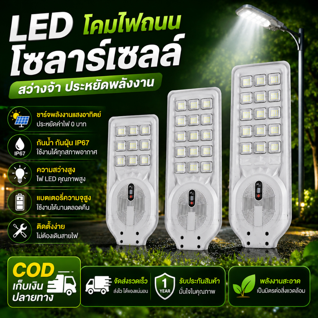 ไฟถนนโซล่าเซลล์ ไฟโซล่าเซล IP67กันน้ำ กันฟ้าผ่า โซลาร์เซลล์ Solar Light เซ็นเซอร์ พร้อมรีโ