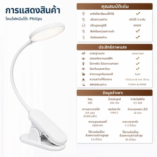 Philips โคมไฟตั้งโต๊ะ โคมไฟอ่านหนังสือ โคมไฟป้องกันดวงตา ความสว่างคงที่แม้แบตเตอรี่เหลือน้อย แสงมุมกว้าง แบตอึด 95 ชม