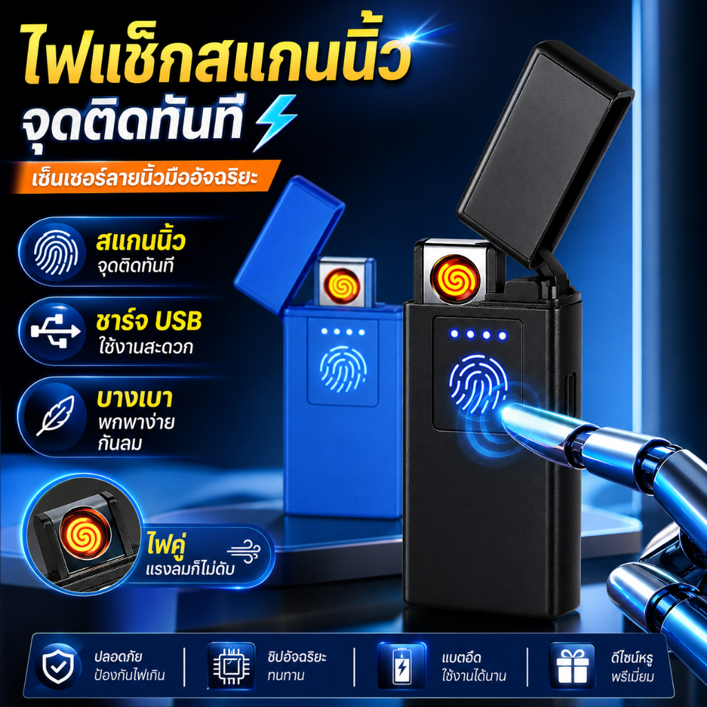 ไฟแช็กไฟฟ้า USB สแกนนิ้ว จุดติดทันที กันลม ชาร์จไฟได้ พกพาสะดวก