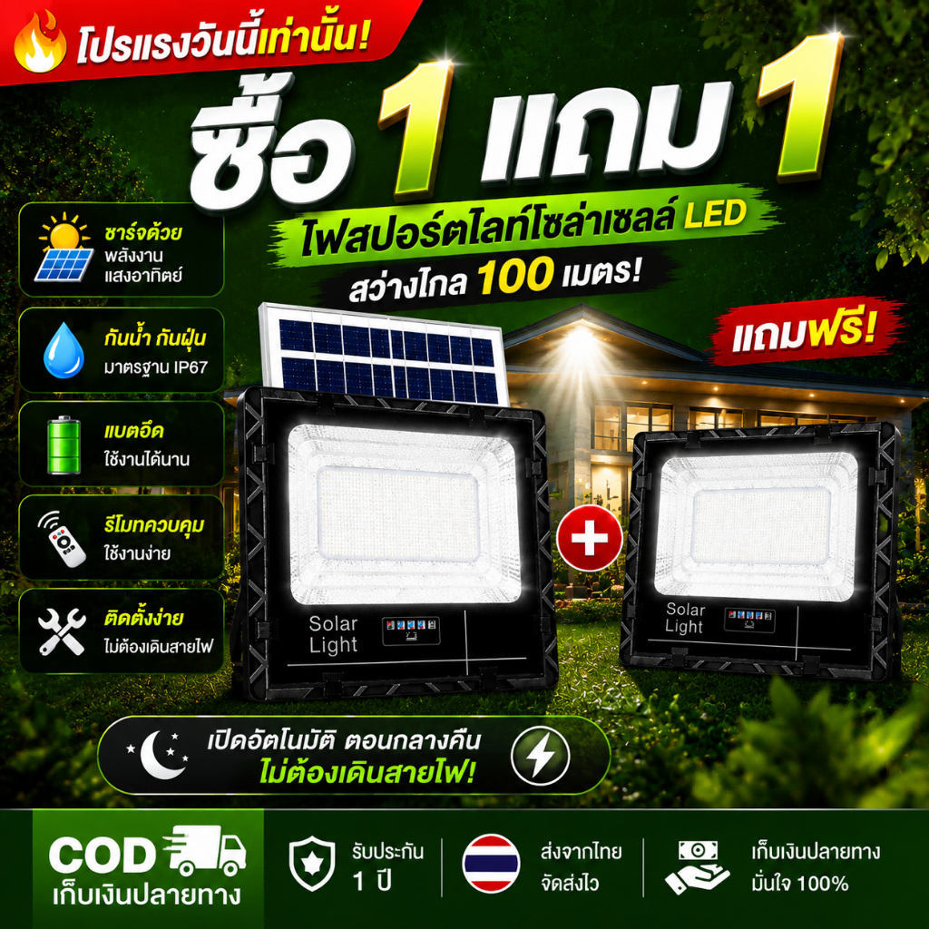 ซื้อ 1 แถม 1 ไฟโซล่าเซลล์ 20000W กันน้ำกลางแจ้ง ป้องกันฟ้าผ่า Solar light สว่างอัตโนมัติเมื่อฟ้ามืด
