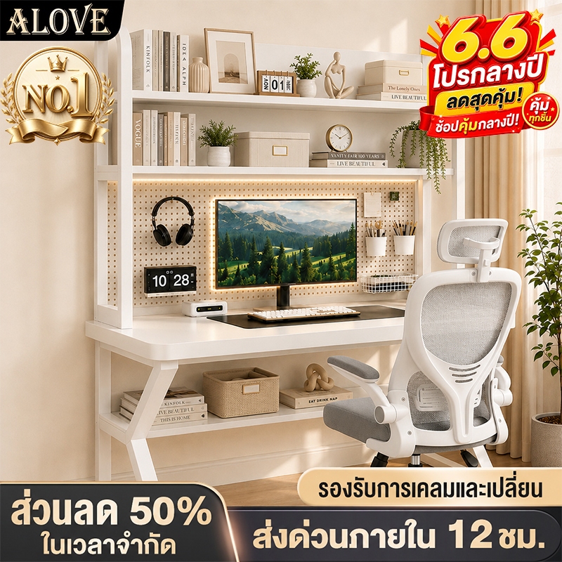 ALOVE โต๊ะเกม โต๊ะคอมพิวเตอร์ ขาโต๊ะเสริมรูปตัว K มาพร้อมชั้นวางและแผงเจาะรู โต๊ะเดียวสำหรับหลายวัตถุประสงค์