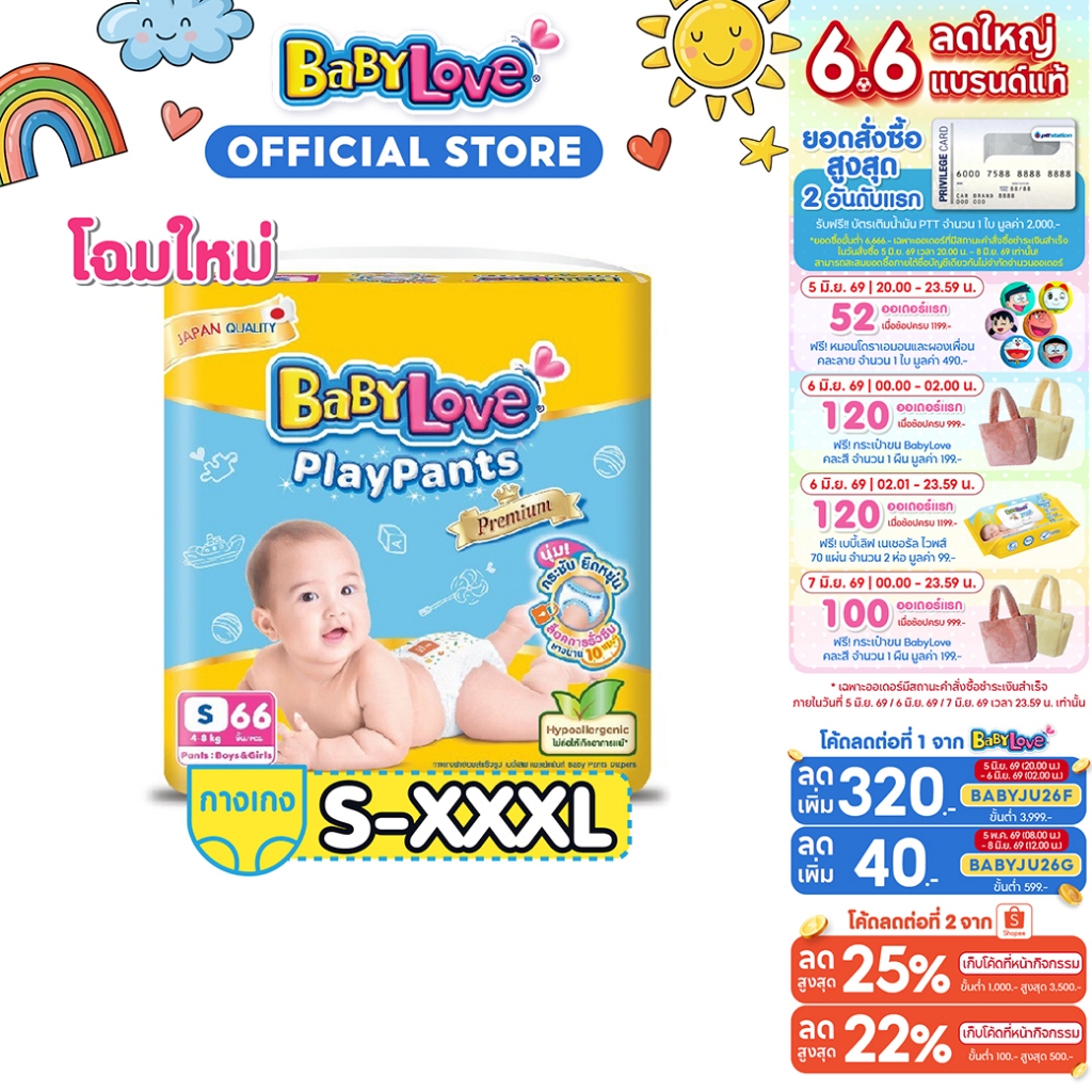 [โฉมใหม่]BABYLOVE PLAYPANTS Premium กางเกงผ้าอ้อมเด็ก เบบี้เลิฟ เพลย์แพ้นท์พรีเมี่ยมไซส์S/M/L/XL/XXL/XXXL