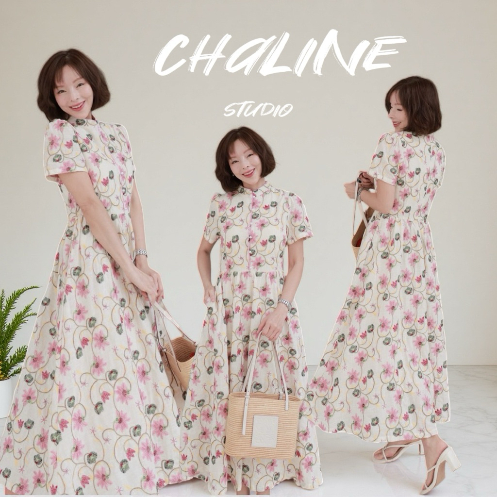 Chaline เดรสคอจีนผ้าคอตตอนญี่ปุ่นปักดอกไม้นูน ลายเส้นสีเทียนหวาน