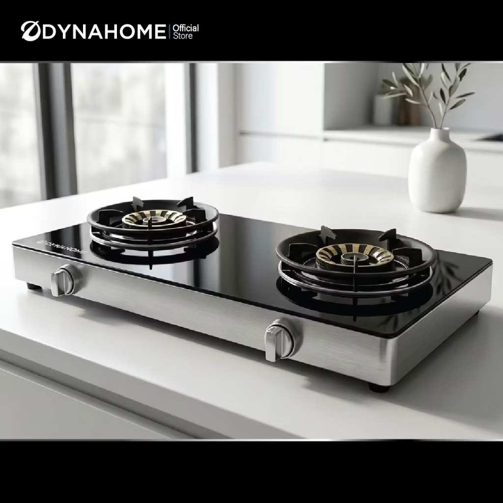 DYNAHOME เตาแก๊สหน้ากระจกนิรภัย 2 หัวเตาทองเหลืองแบบตั้งโต๊ะ รุ่น DH-7137F รับประกันวาล์ว เปิด - ปิด 5 ปี