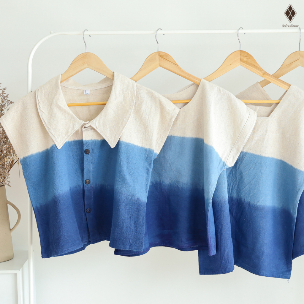 เสื้อผ้าฝ้ายมัดย้อมคราม เสื้อแขนล้ำ-มีแขน (FREE SIZE รอบอก 40-42 นิ้ว) ใส่ไปทะเล สงกรานต์ อยู่บ้าน