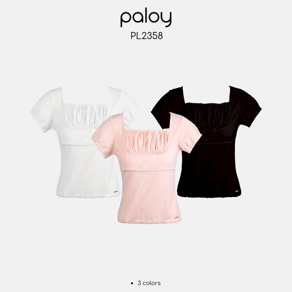 Paloy - PL2358 เสื้อยืดแขนสั้น คอเหลี่ยมแต่งย่น อะไหล่ Paloy