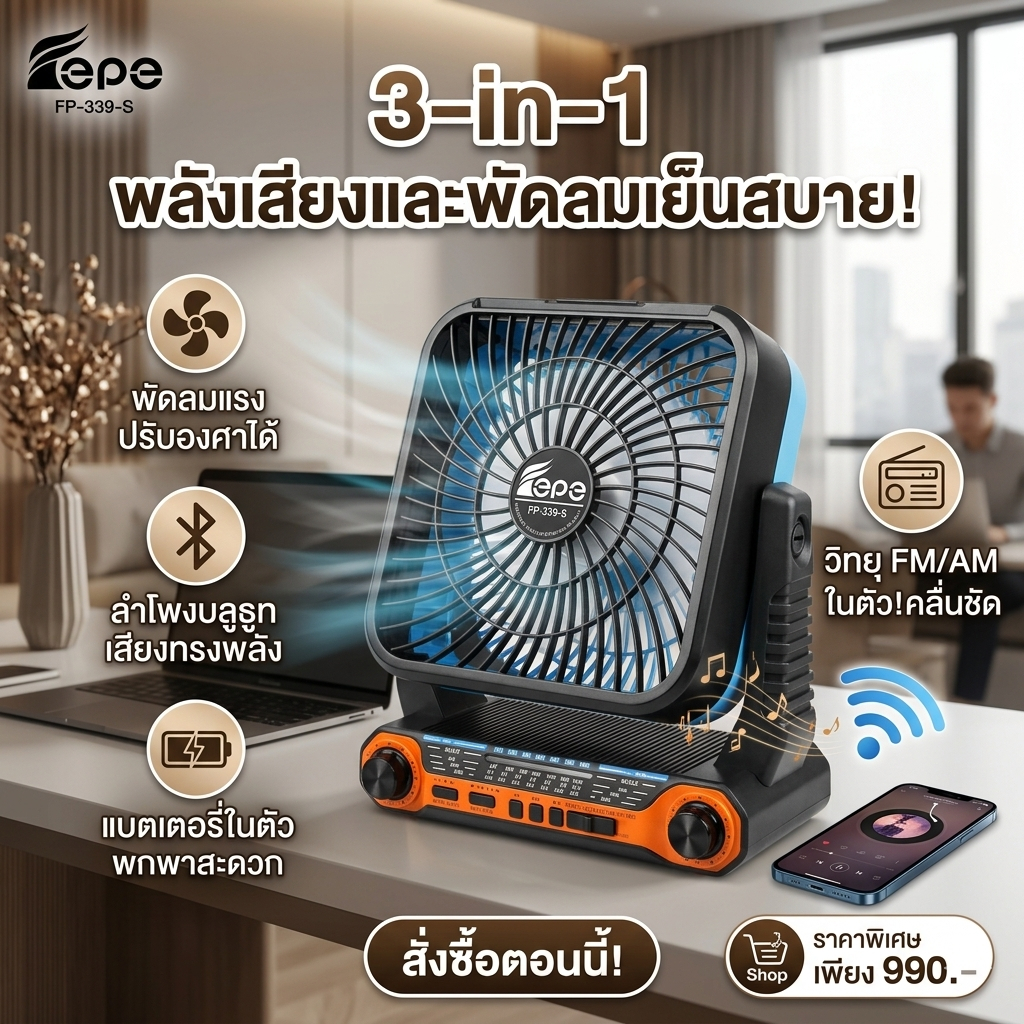 ลำโพงบลูธูท พร้อมพัดลมปรับระดับ รุ่น FP-339 S ฟังวิทยุ FM/AM/SW  Bluetooth USB Tfcard
