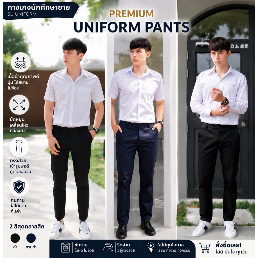 กางเกงนักศึกษาชาย สีดำ-สีกรม กระบอกเล็ก/กระบอกใหญ่/ขาเดฟ Sz.28-46 กางเกงสแลค ผ้ากำมะดิน ยืด