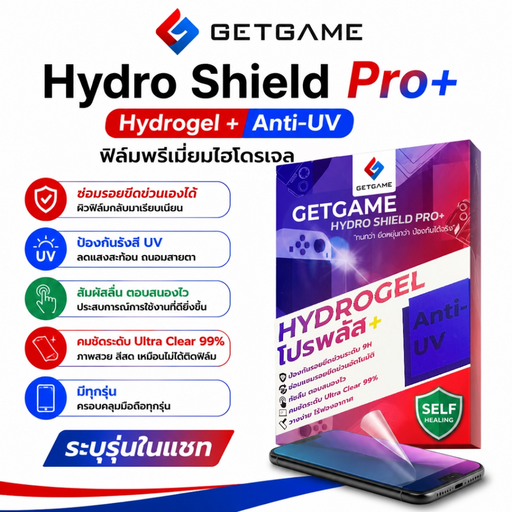 GETGAME ฟิล์มกันรอยมือถือ ไฮโดรเจล ซ่อมรอยขีดข่วนเองได้ วัสดุEPU หนากว่าฟิล์มทั่วไป