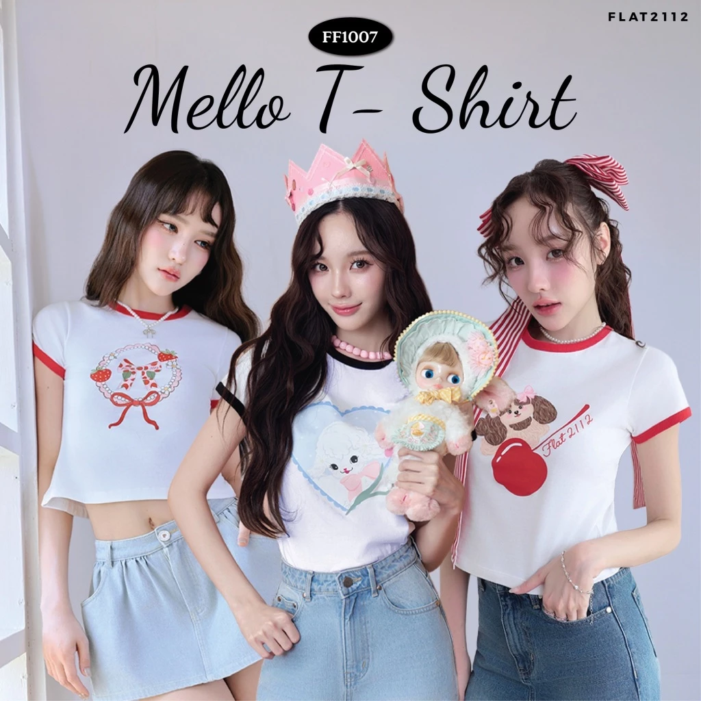 FLAT2112 : MELLOW T-SHIRT เสื้อครอปลายสกรีน เสื้อครอป เสื้อเบบี้ที baby tee shirt (FF1007)