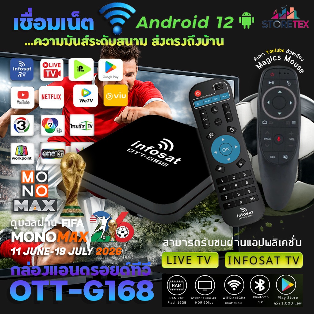 Android 12 TV Box Infosat G168 กล่องทีวีอินเตอร์เน็ต (Infosat TV, Mono Max, Netflix, Ais Play)