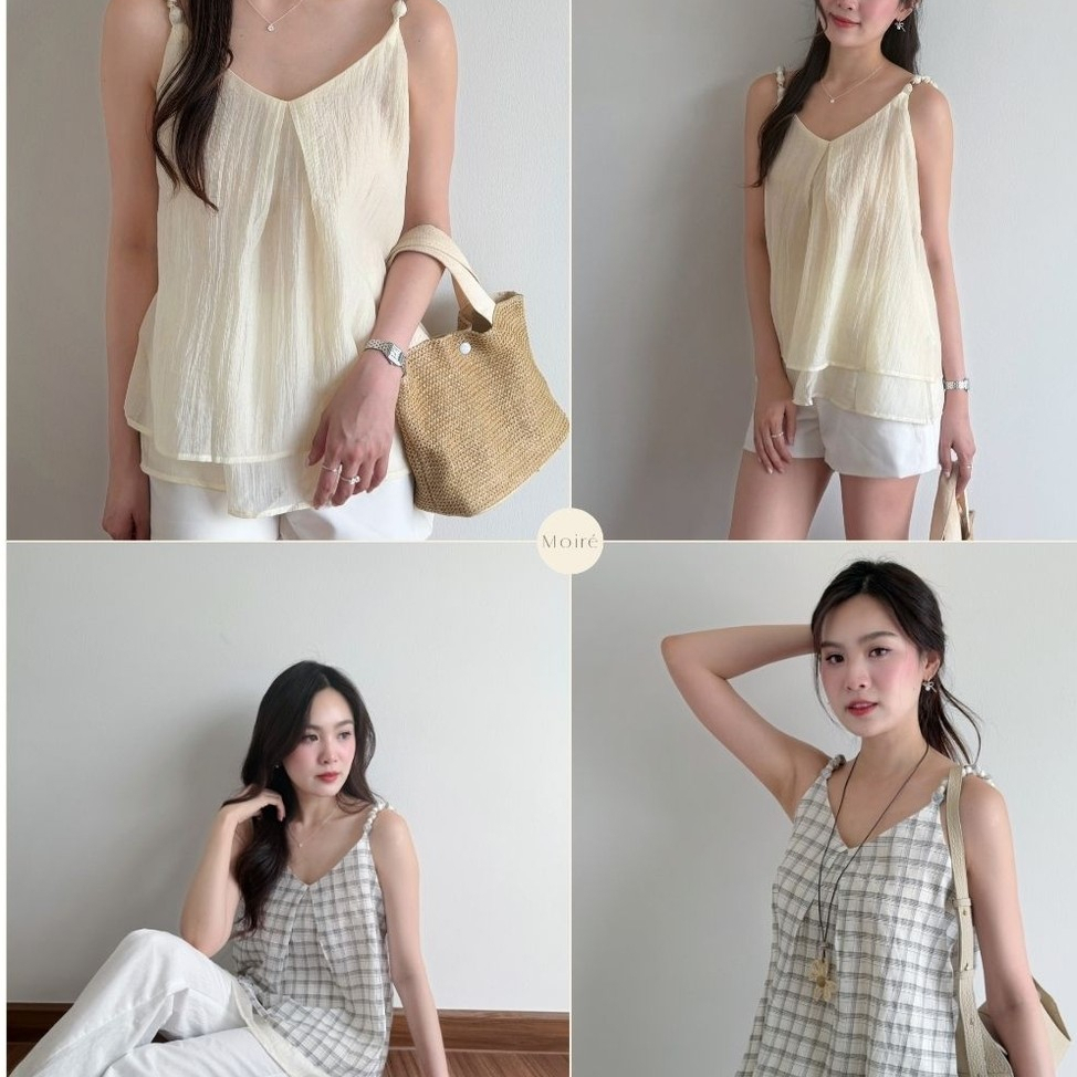Moire - Pearl Top เสื้อสายเดี่ยวคอวี ดีเทลสายลูกปัด (มี 2 สี: cream ,grid)
