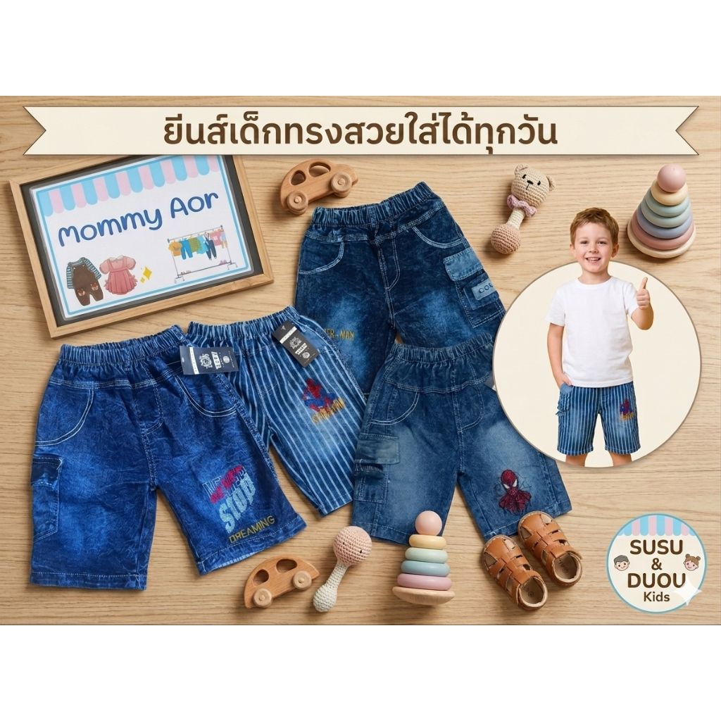 กางเกงยีนส์เด็กขาสามส่วนปักลาย(A53)
