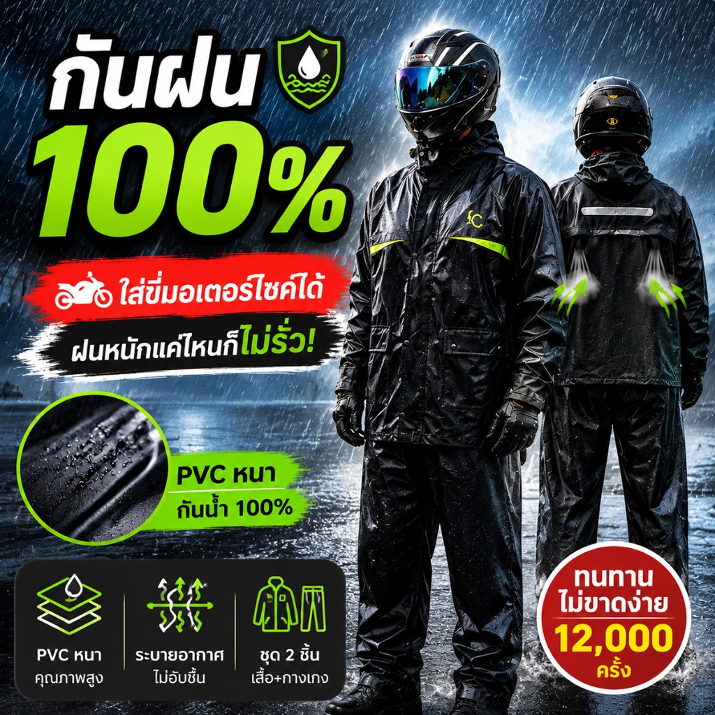 เสื้อกันฝนหนาๆ ชุดกันฝนมอไซค์ ชุดกันฝนแบบชุด เสื้อกันฝนกันน้ำ มีแถบสะท้อนแสง เสื้อกันฝนพร้อมหน้ากากแยกเสื้ สีขาว