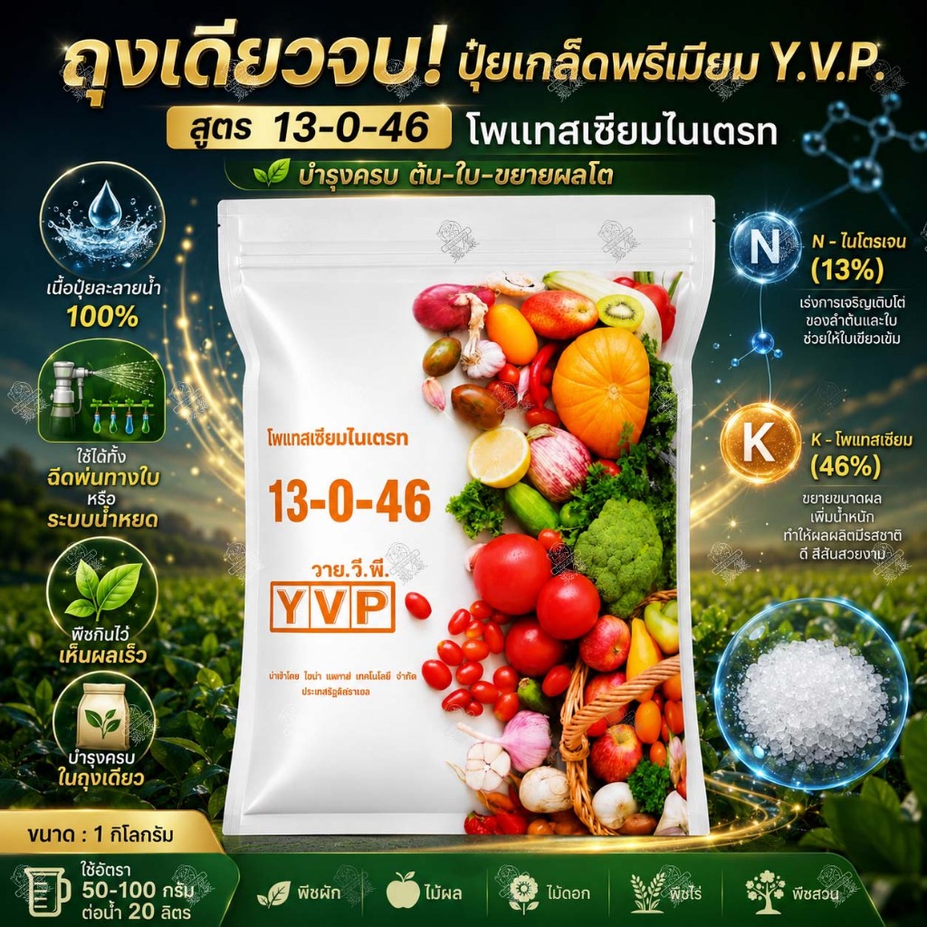 ปุ๋ยเกล็ด 13-0-46 (1Kg*12ซอง) โพแทสเซียมไนเตรท ละลายน้ำง่าย ไร้ตะกอน ปุ๋ยทางใบ ปุ๋ยระบบน้ำ