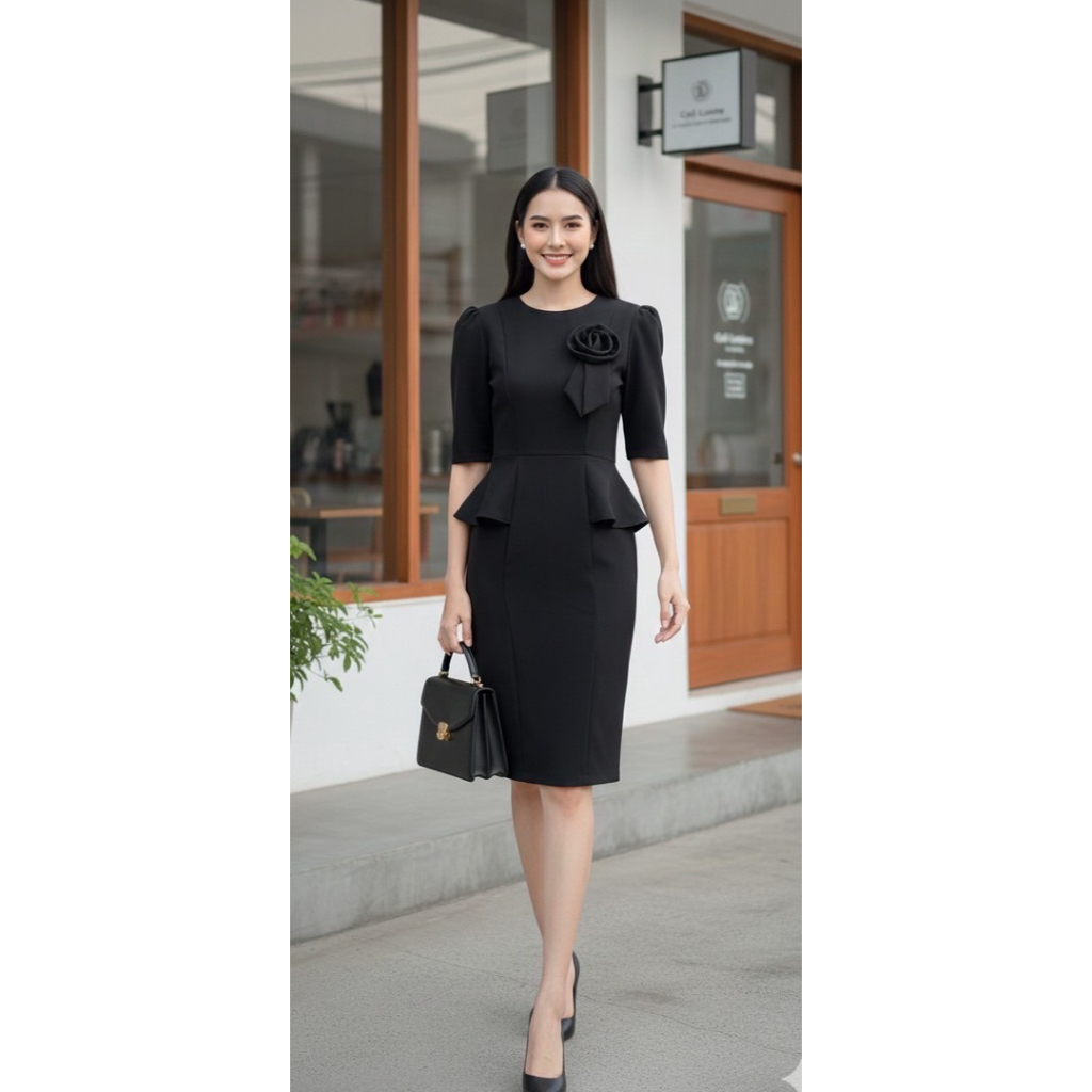 ชุดเดรสกั๊กแขนสามส่วนผ้าเปเป้ สีดำ เข้ารูป ใส่สบาย ไซส์ S-2XL