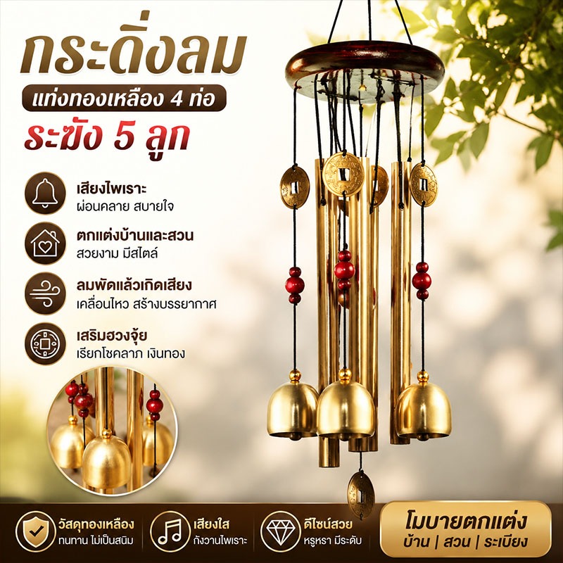 กระดิ่งลม (แท่งทองเหลือง 4 ท่อ ระฆัง 5 ลูก) โมบายตกแต่งบ้าน ตกแต่งสวน โมบายกระดิ่ง กระดิ่ง โมบายดนตรี โมบาย