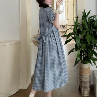 STYLE#เดรสแขนสั้นสีฟ้าลายตาราง หญิง สไตล์เรโทร แขนพอง ผูกเอว ทรงหลวมเกาหลี ใช้ได้หลายโอกาส เหมาะหน้าร้อน#99399