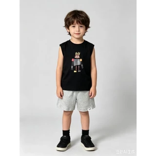 MC313 ชุดเด็กผู้ชายแขนกุด ลายหุ่นยนต์ เสื้อกล้าม + กางเกงขาสั้น ใส่สบาย