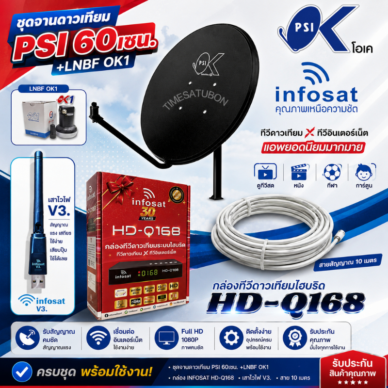 ชุดจานดาวเทียมPSI 60cm.+กล่องINFOSAT Q168+USB Wifi V3.+พร้อมสาย 10 เมตร