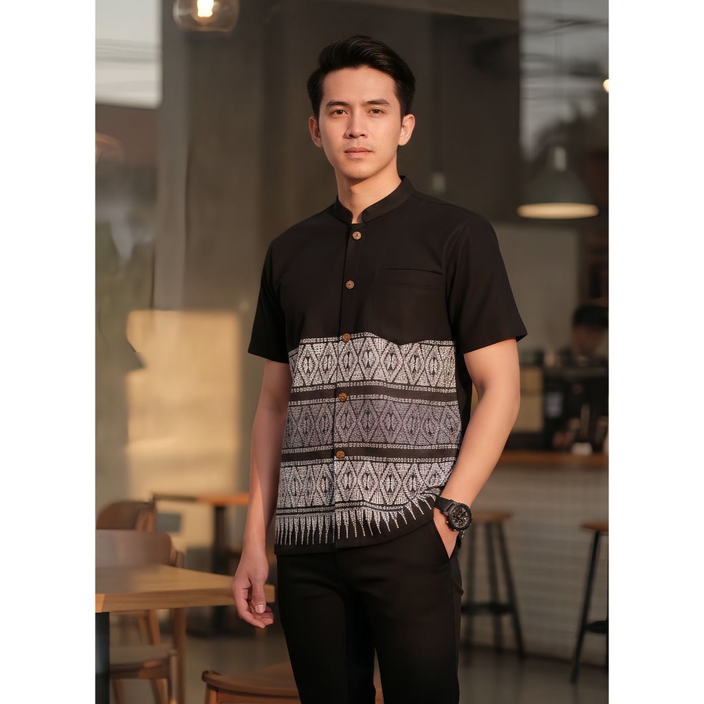 เสื้อลายไทยผู้ชายแขนสั้นสีดำ เนื้อผ้าฝ้ายพิมพ์ลายหมักโคลน รหัสP27 แถม!!ถุงใส่แก้วน้ำ