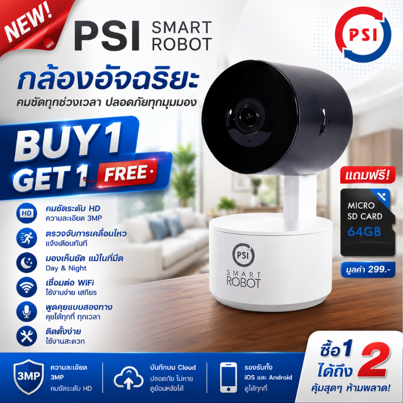 PSI Smart Robot 3MP Camera กล้องวงจรปิดอัจฉริยะ + เมม 64GB (1 ฟรี 1 คุ้มสุดๆ!)