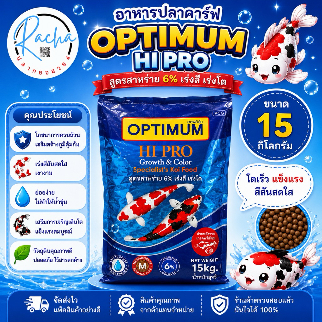 อาหารปลาคราฟ OPTIMUM HI PRO สาหร่าย 6% สูตรเร่งสี เร่งโต ขนาด 15 กก.