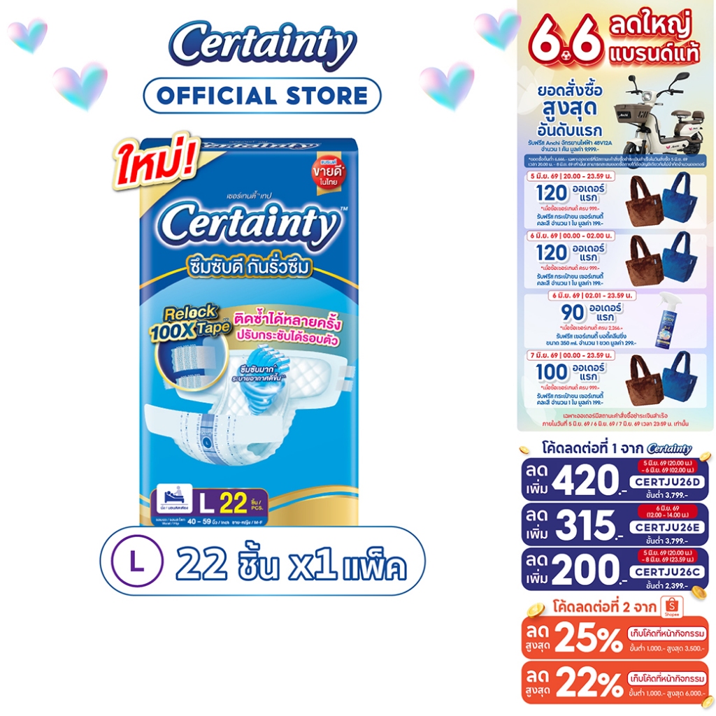Certainty Tape ผ้าอ้อมผู้ใหญ่ เซอร์เทนตี้ แบบเทป ขนาดจัมโบ้ ไซส์ L 22pcs