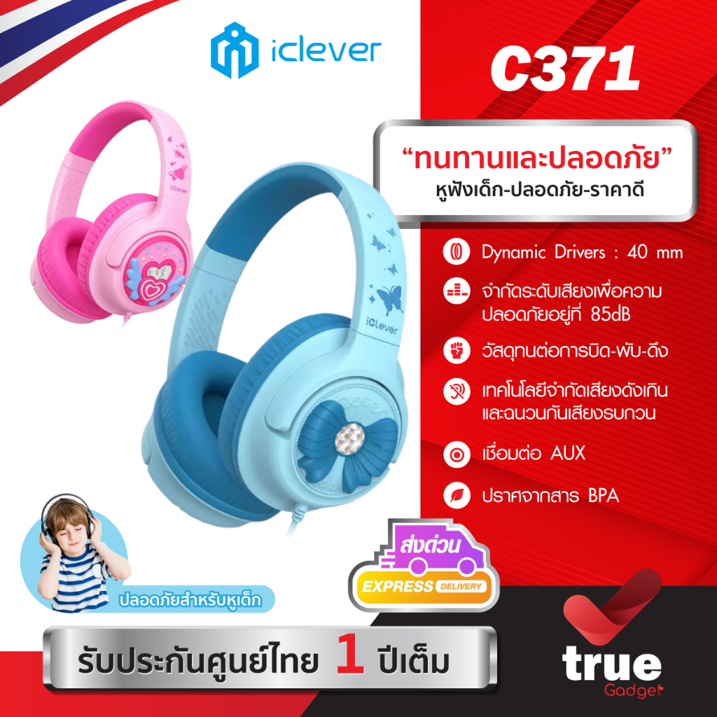 🇹🇭ประกันศูนย์ไทย หูฟังเด็ก iClever C371 Foldable Kids Headphones หูฟังครอบหูเด็ก หูฟังสำหรับเด็ก