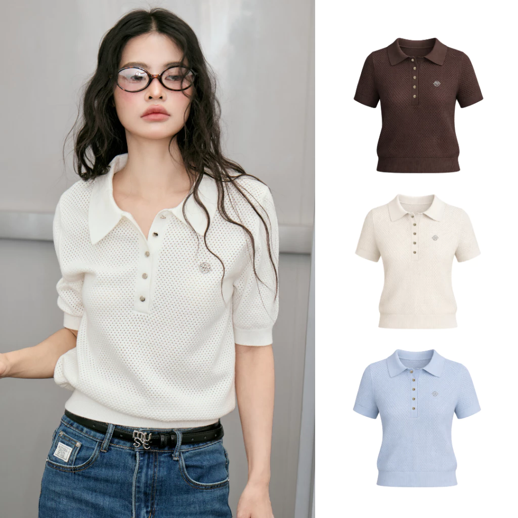 MUSTNIMAL | Polene Knit polo เสื้อไหมโปโล กระดุมเงินปั๊มโลโก้ ลายฉลุละเอียด ใส่ทำงานได้ ผ้านุ่ม ใส่สบาย everyday look